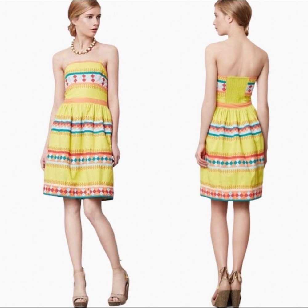 Leifsdottir Anthropologie Yellow Cotton Ribboned Quilotoa Strapless Dress Size 2